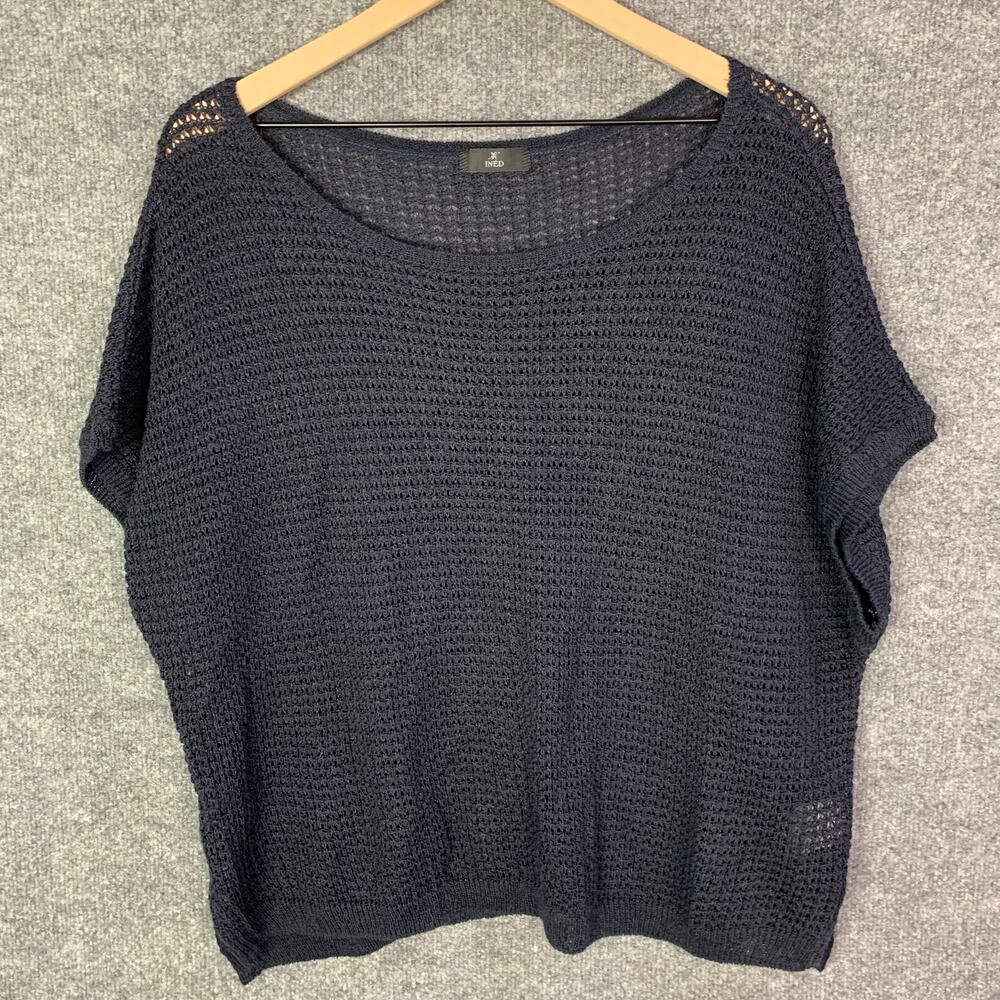INED Women's Navy Blue‎ Knit Short Sleeve Sweater Top Pullover Loose Fit Size 9